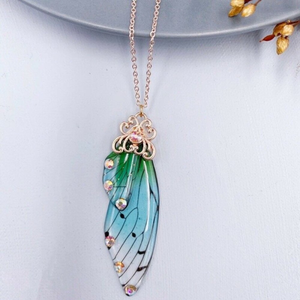 Fairy gold Pendant Resin Green/blue Butterfly wing